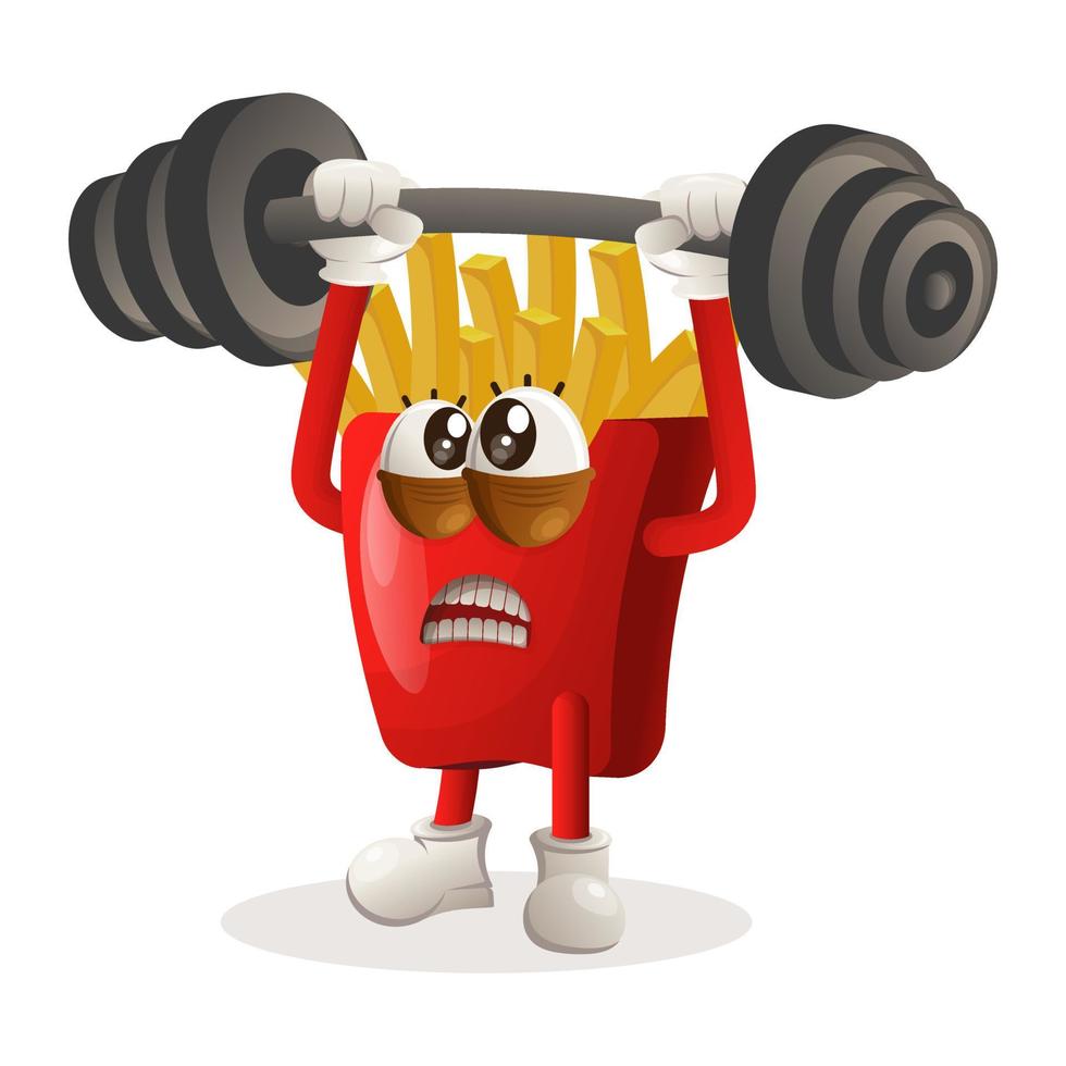 Cute french fries mascot bodybuilding with barbell vector