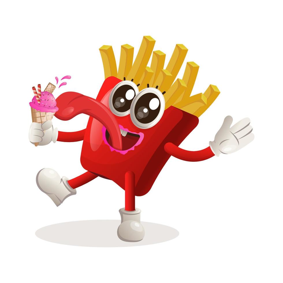 Cute french fries mascot eat ice cream, ice cream cone vector