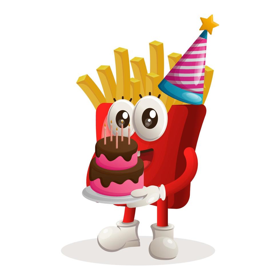 linda mascota de papas fritas con un sombrero de cumpleaños, sosteniendo un pastel de cumpleaños vector