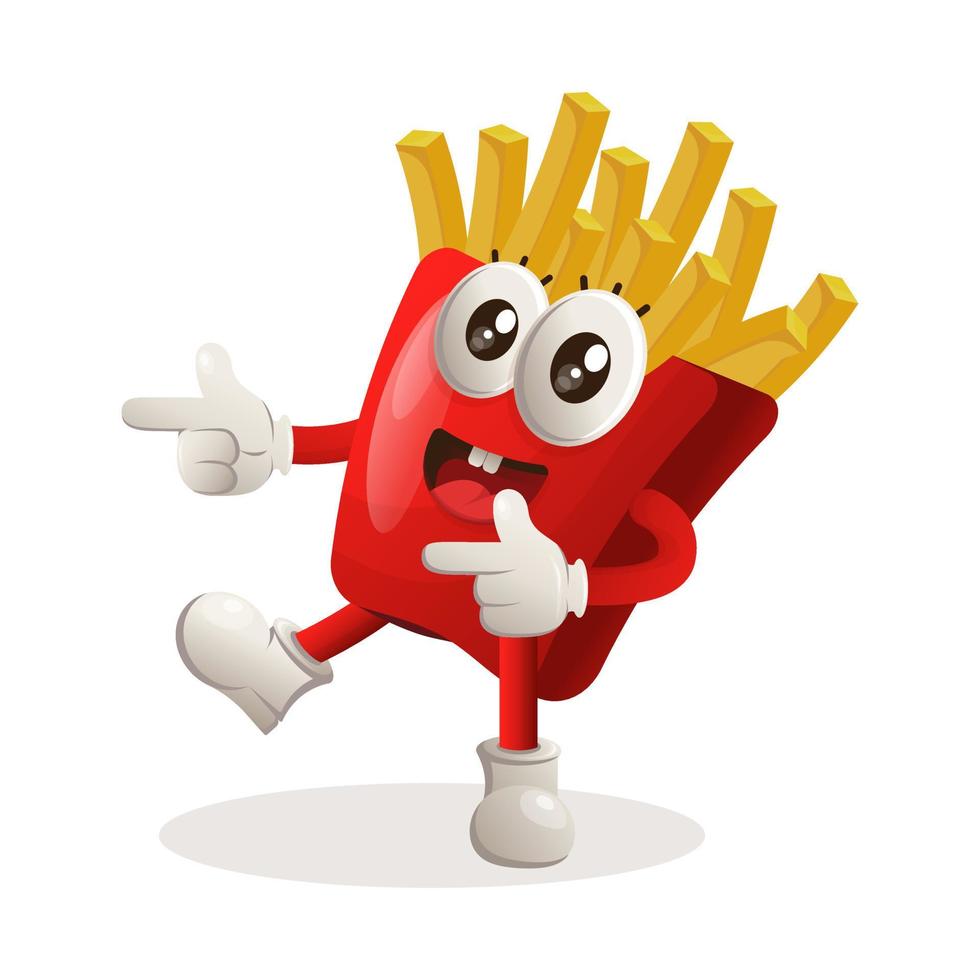 Cute french fries mascot playful with pointed hand vector