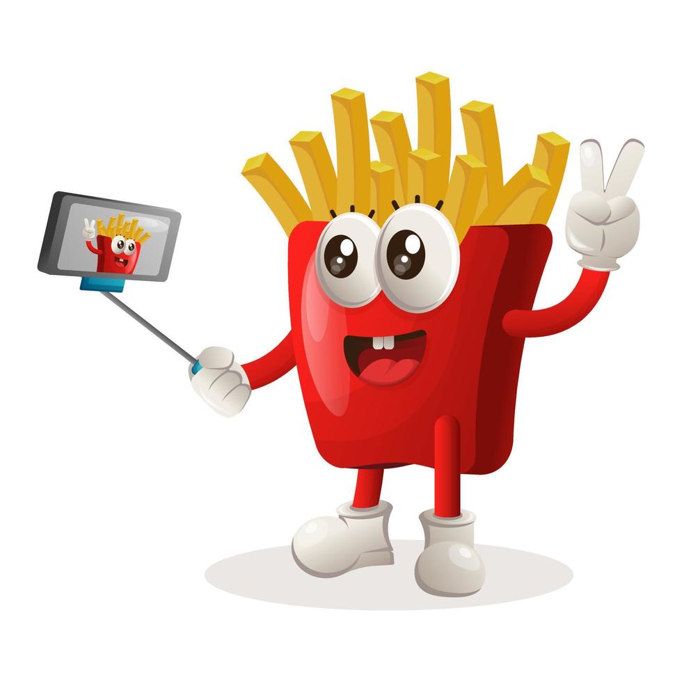 Cute french fries mascot takes a selfie with smartphone vector
