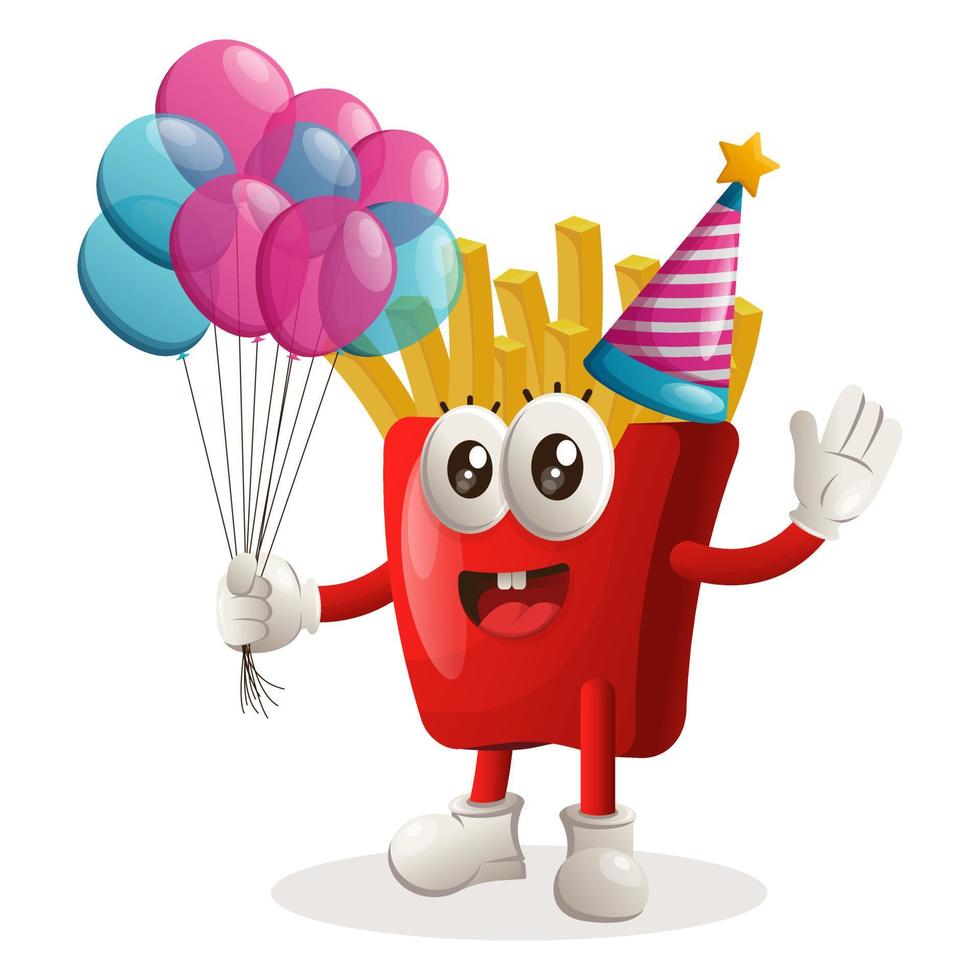 Cute french fries mascot wearing a birthday hat, holding balloons vector