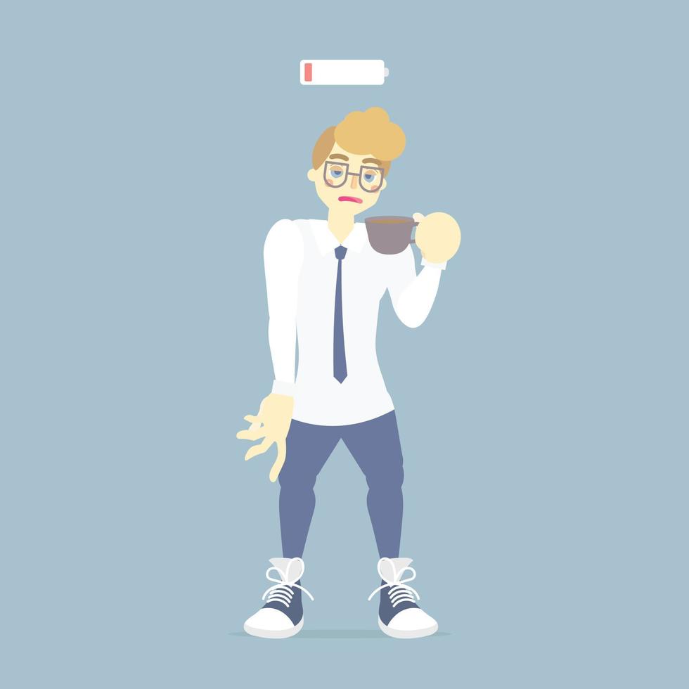 sleepy, tired businessman holding cup of coffee with low battery energy, addiction, health care concept, vector illustration cartoon flat character design clip art