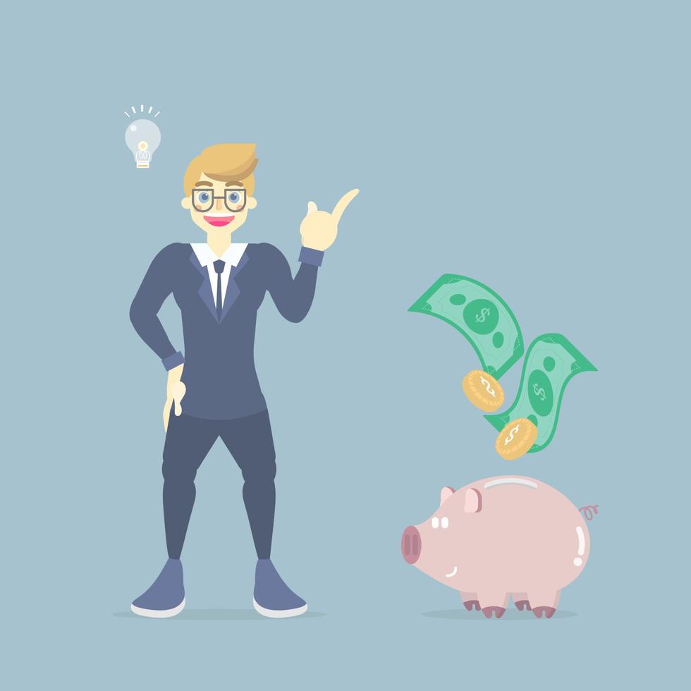 happy, smiling businessman in suit standing with light bulb lamp, piggy bank and money, having idea creative inspiration concept, flat vector illustration character cartoon design clip art
