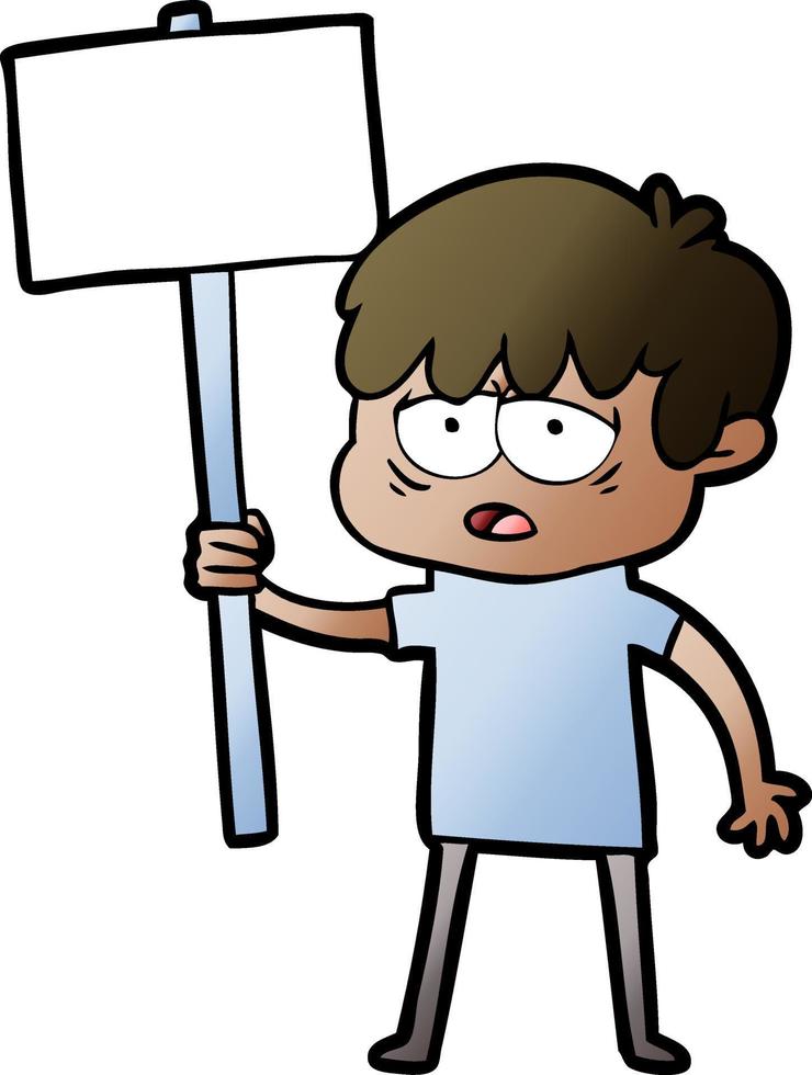 cartoon exhausted boy with placard vector