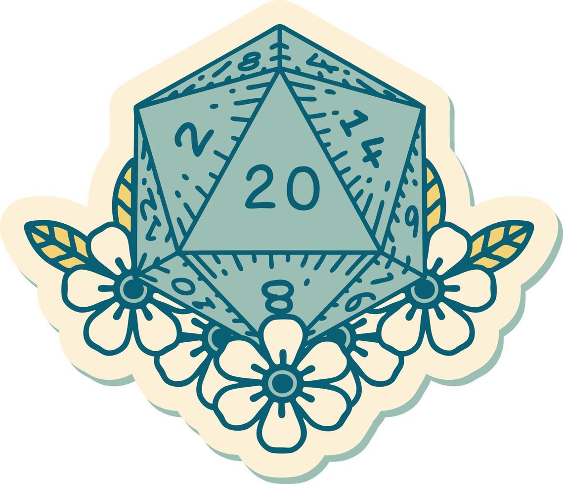 pegatina de tatuaje al estilo tradicional de un d20 vector