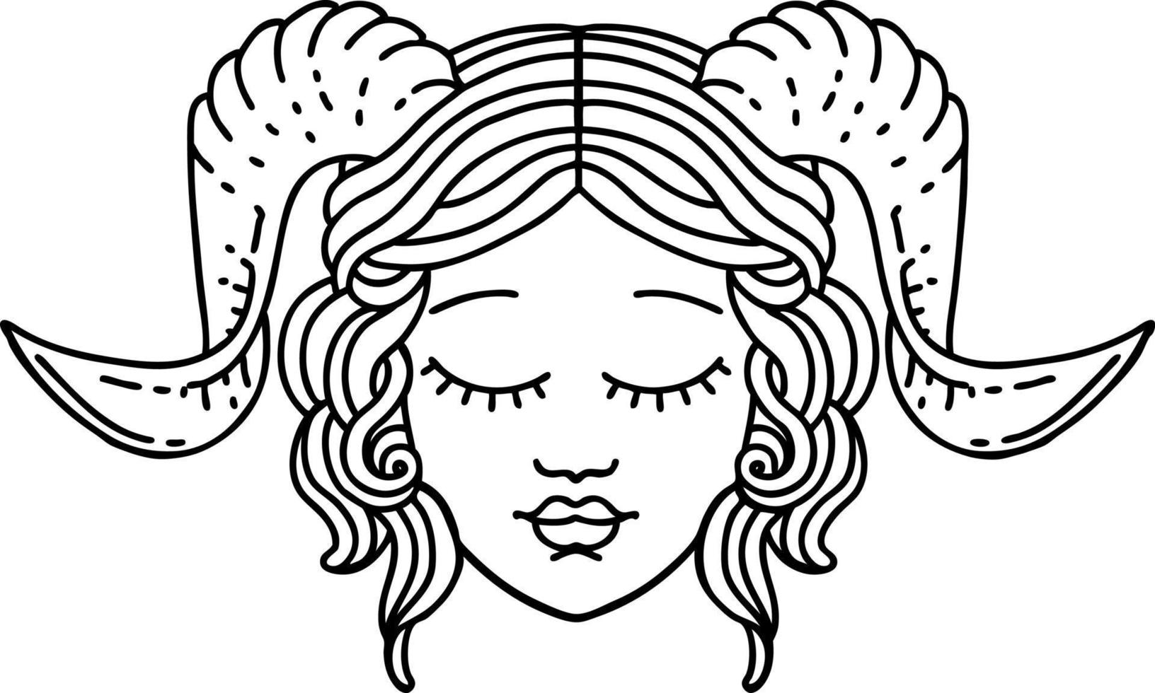 Black and White Tattoo linework Style tiefling character face vector