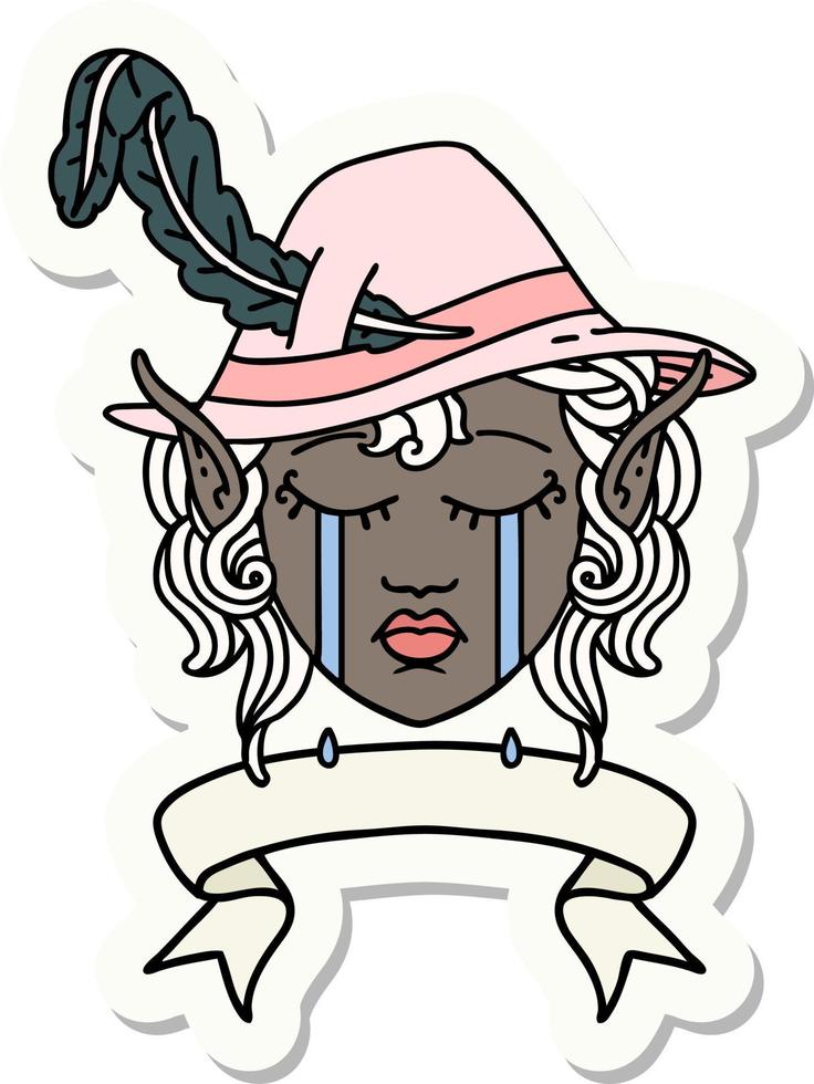 sticker of a crying elf bard character face with banner vector