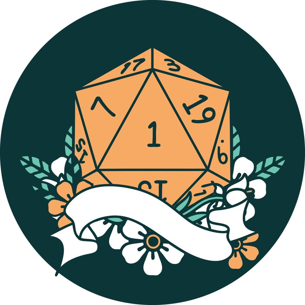 icon of natural one d20 dice roll vector