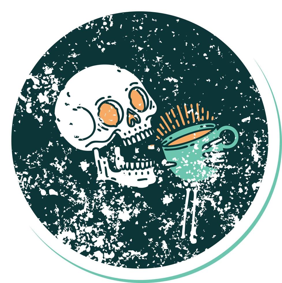 iconic distressed sticker tattoo style image of a skull drinking coffee vector