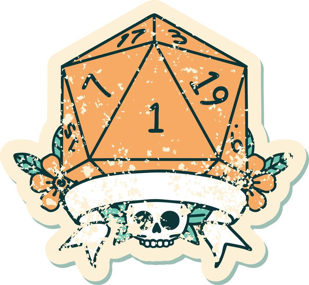 Retro Tattoo Style natural one d20 dice roll vector