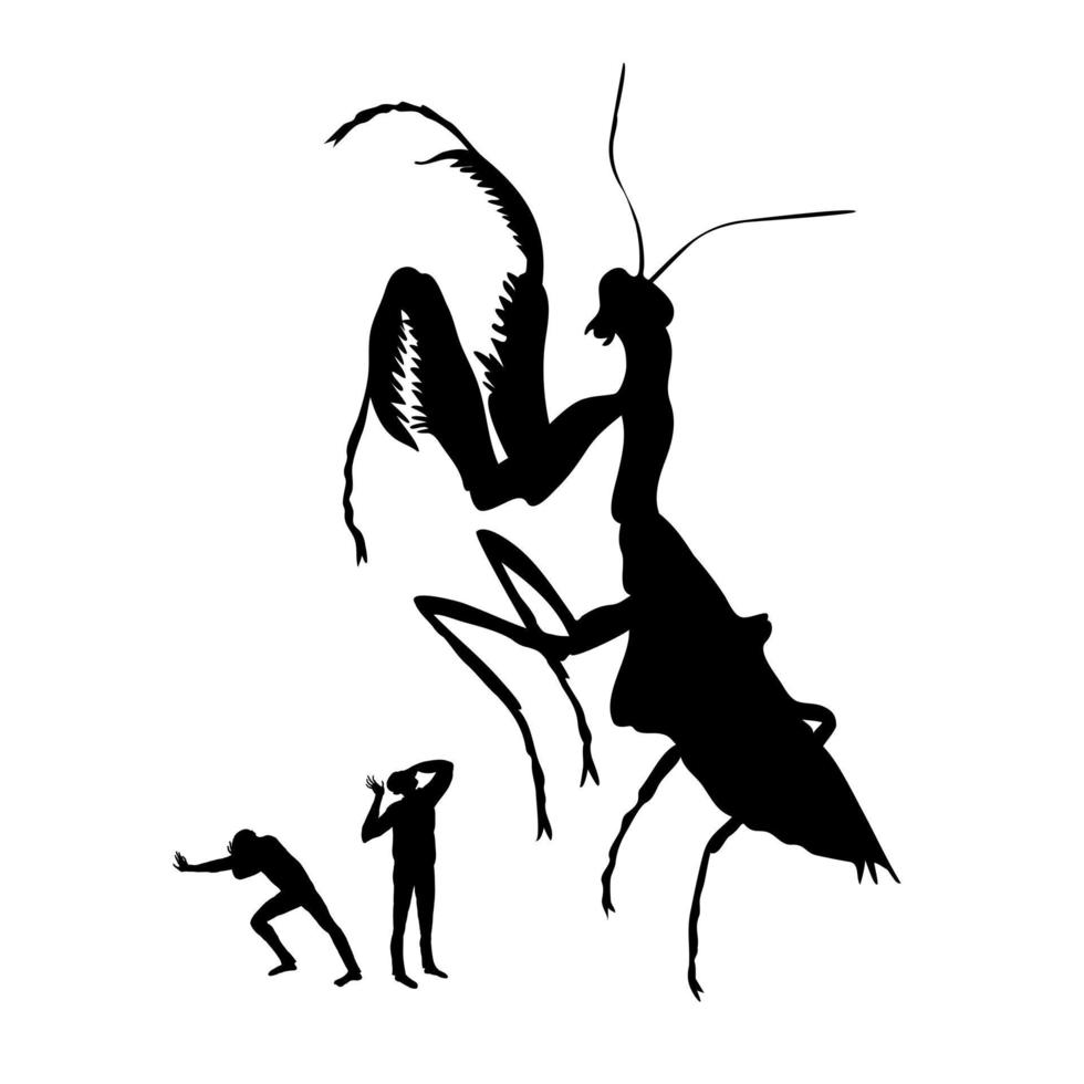 Man and mantis. Silhouette of the huge praying mantis vector