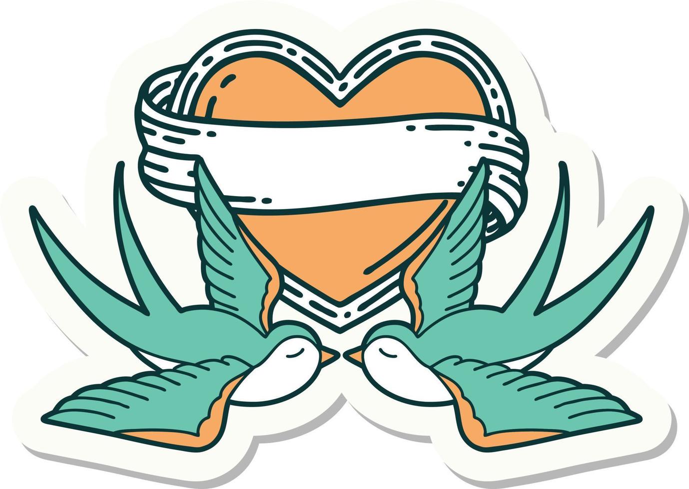 sticker of tattoo in traditional style of swallows and a heart with banner vector