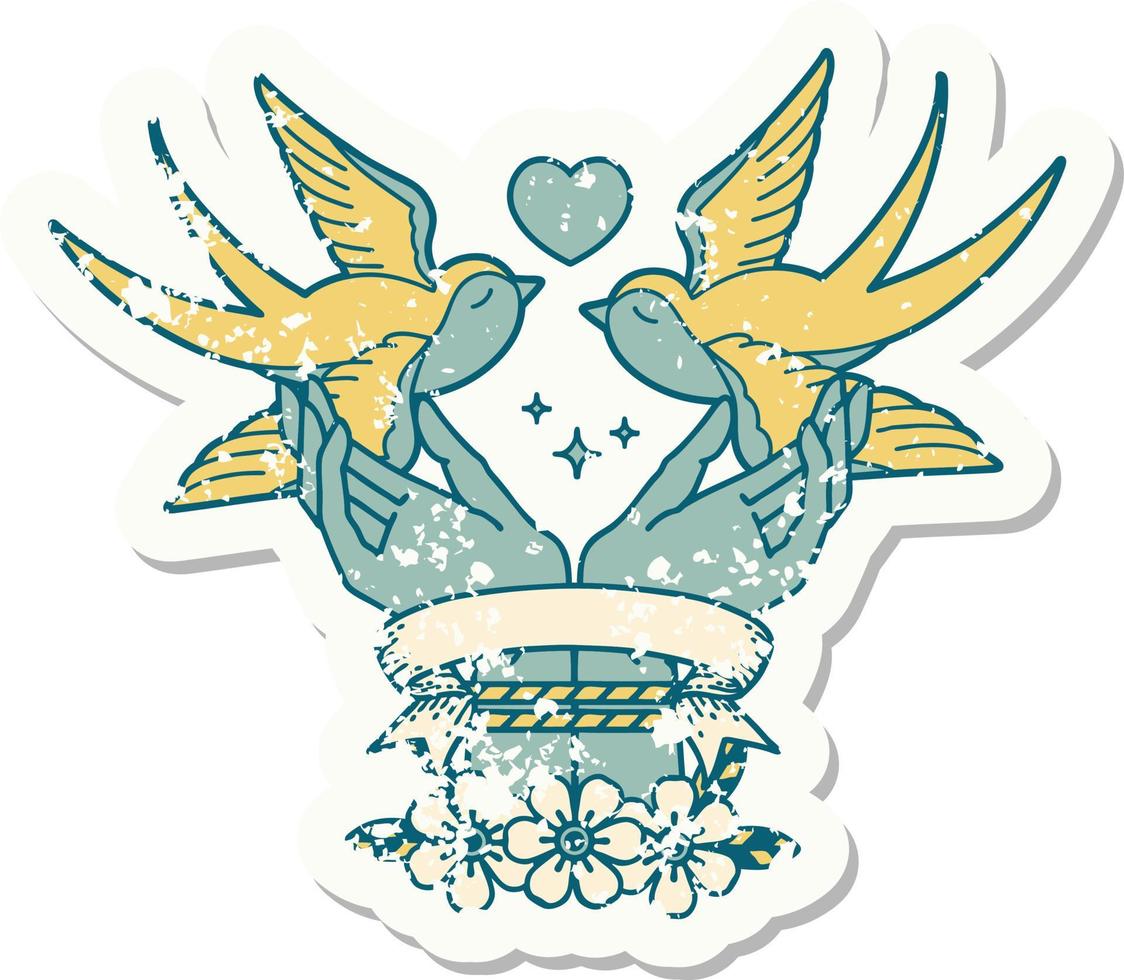 worn old sticker with banner of tied hands and swallows vector