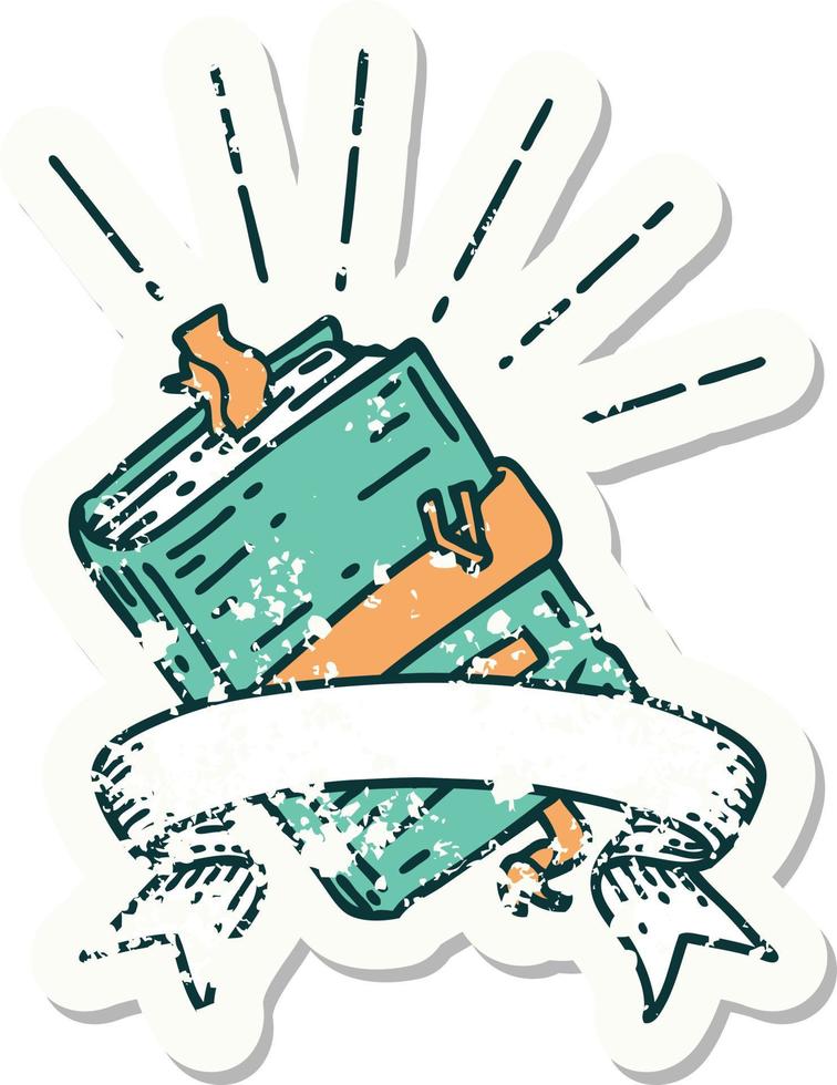 worn old sticker of a tattoo style old bound notebook vector