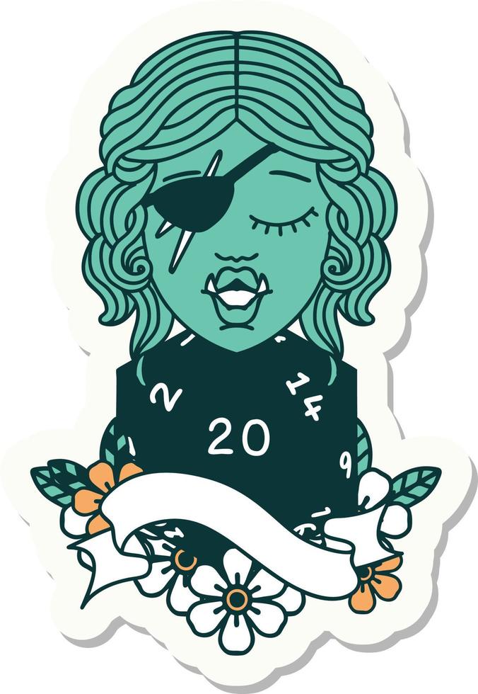 sticker of a half orc rogue with natural twenty dice roll vector