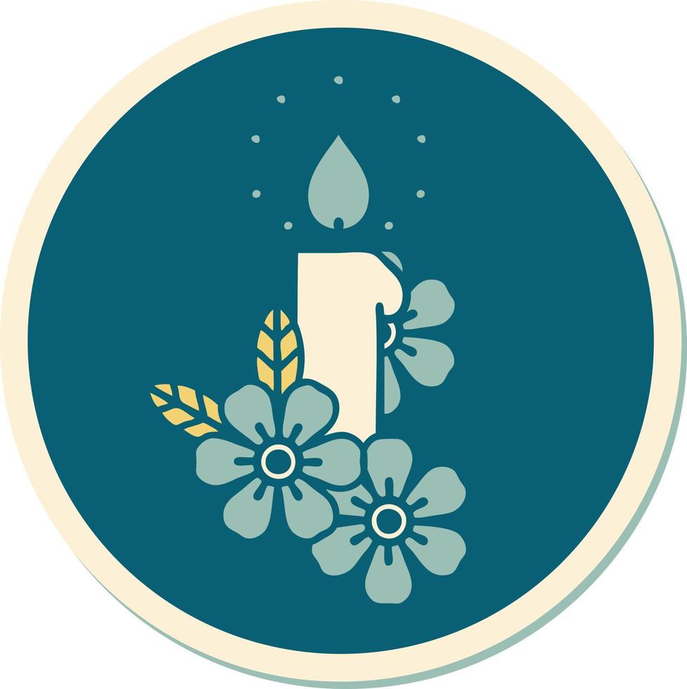 sticker of tattoo in traditional style of a candle and flowers vector