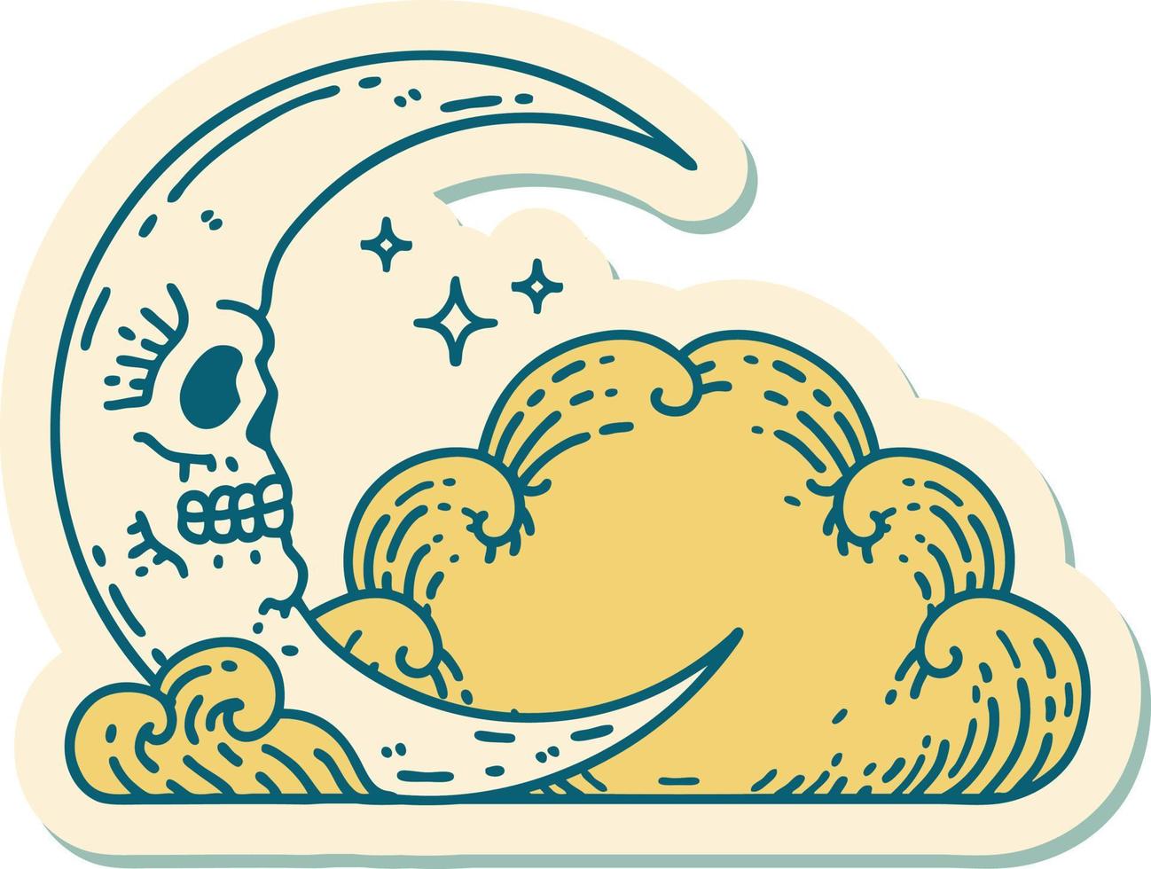 sticker of tattoo in traditional style of a skull crescent moon and clouds vector