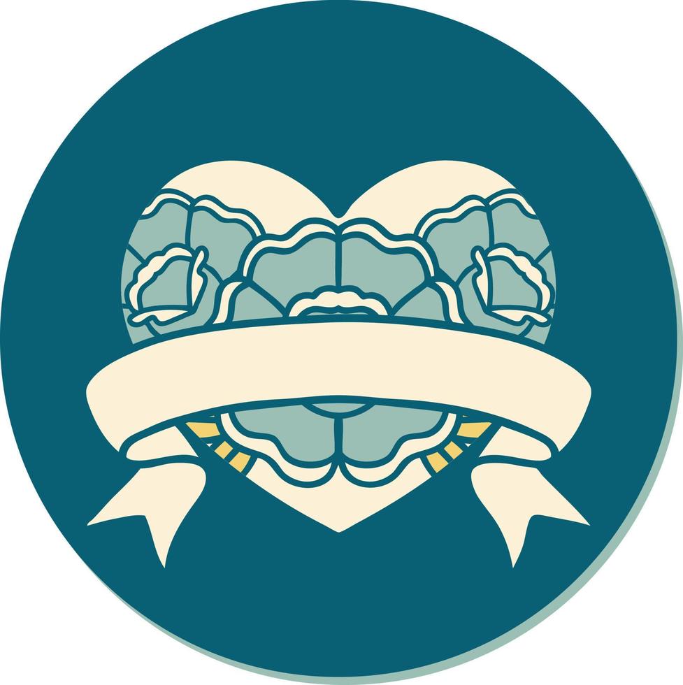 sticker of tattoo in traditional style of a heart and banner with flowers vector