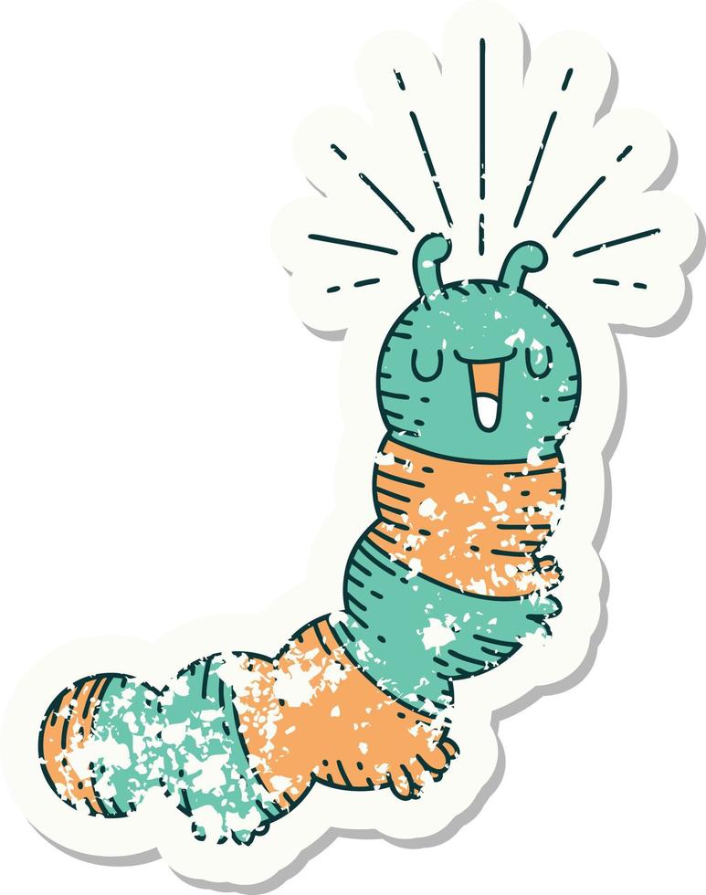 worn old sticker of a tattoo style happy caterpillar vector