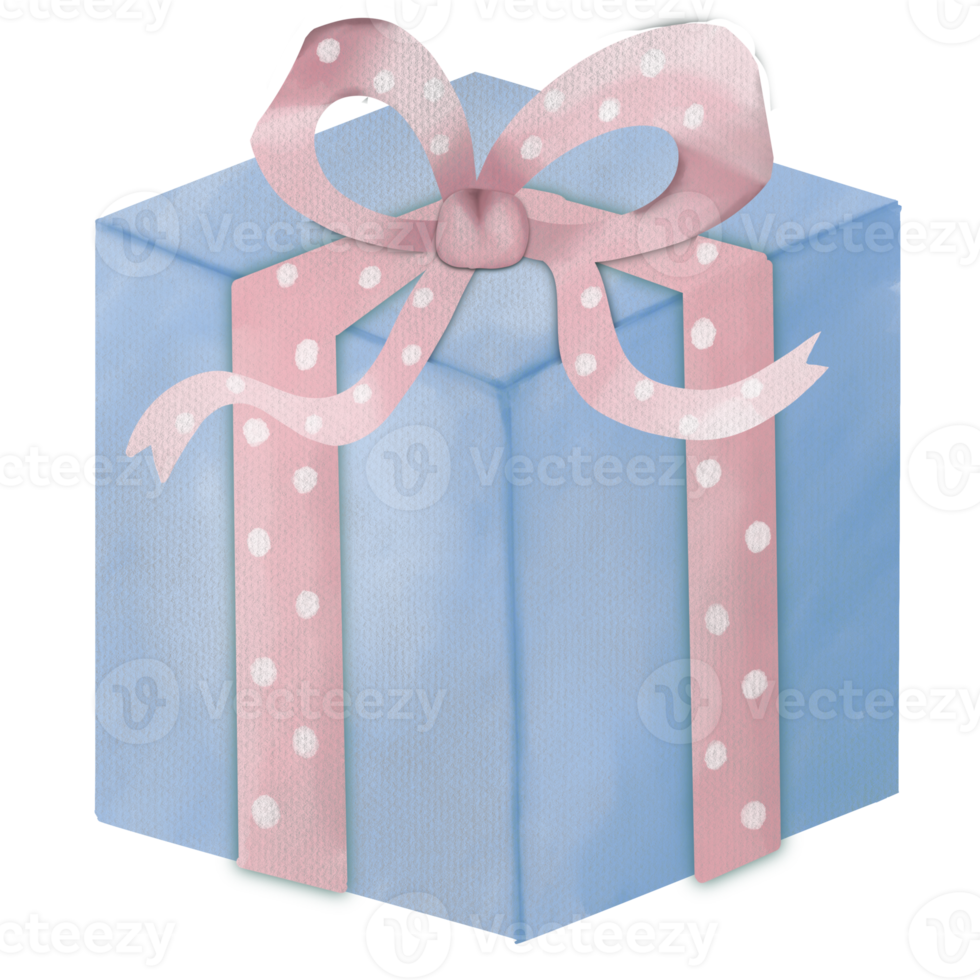 Blue birthday surprise gift with pink ribbon watercolor hand draw png