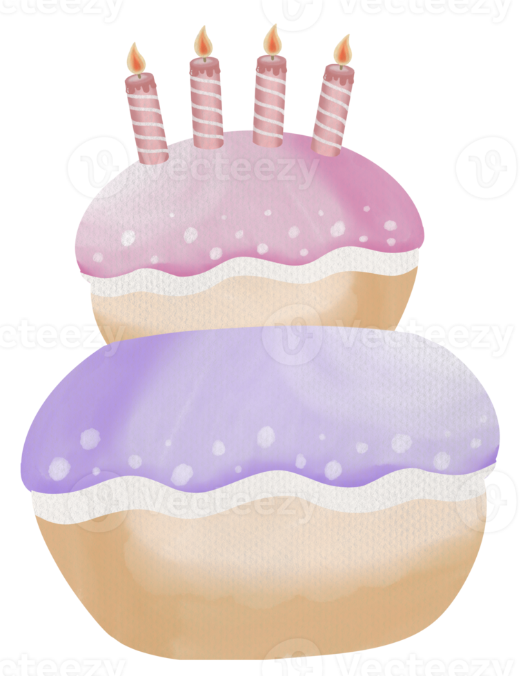 Happy birthday cake 2 layers  with candle watercolor hand draw png