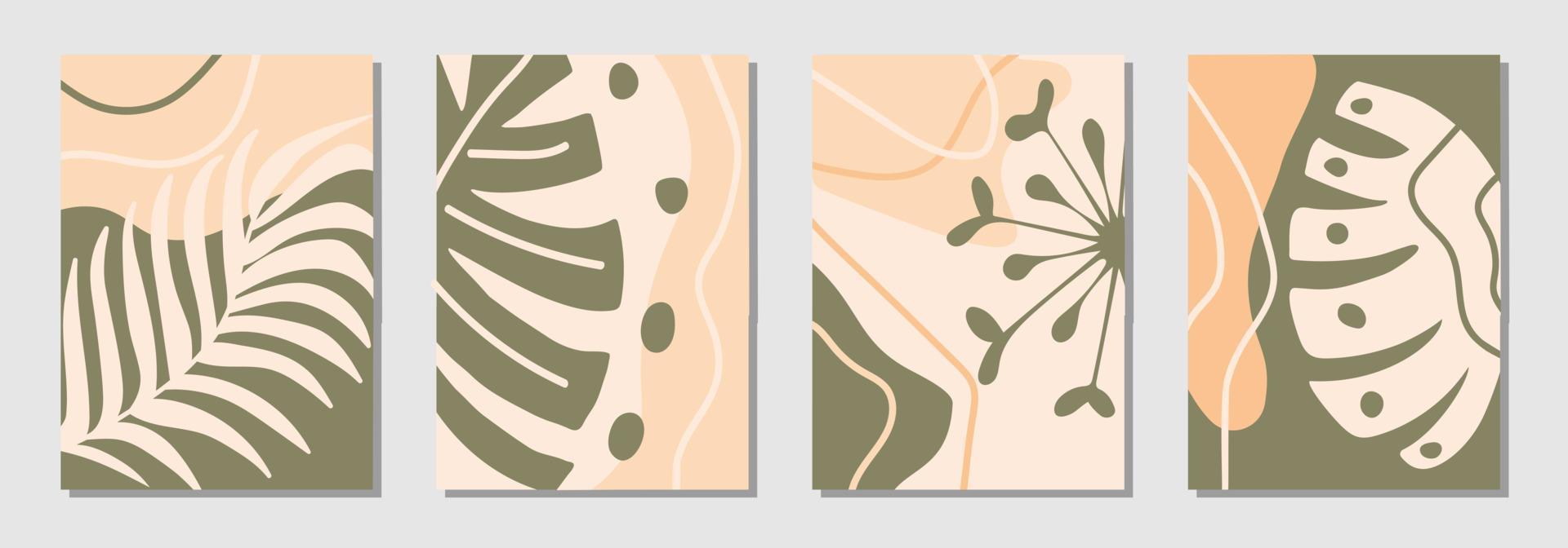 Set of posters with abstract shapes and tropical leaves. vector