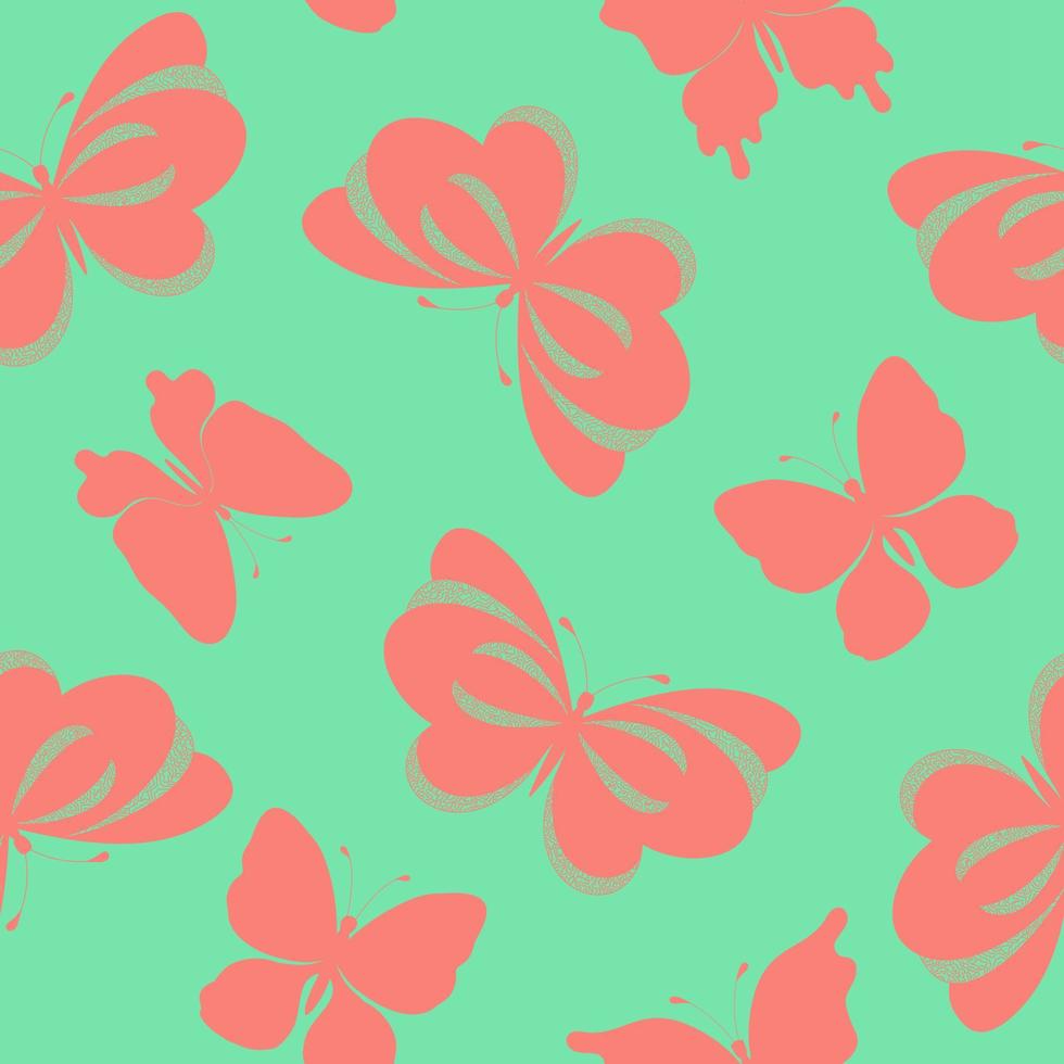 Seamless pattern with hand drawn pink butterflies silhouettes on green background. vector