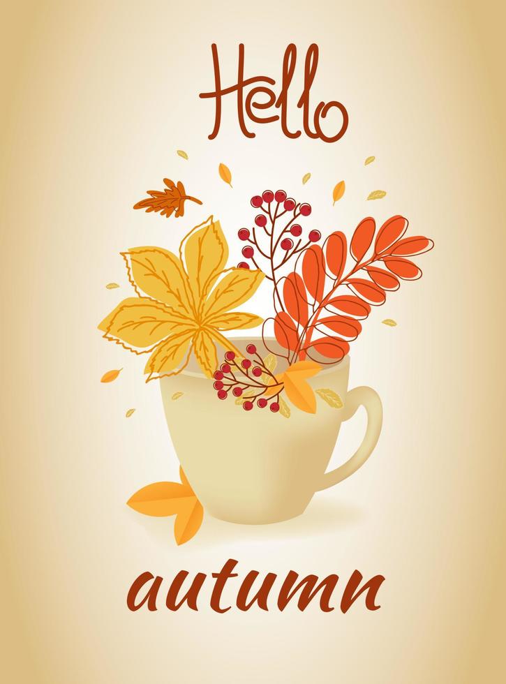 Hola otoño. pancarta, afiche, tarjeta.hojas de otoño, rama con baya en taza. vector