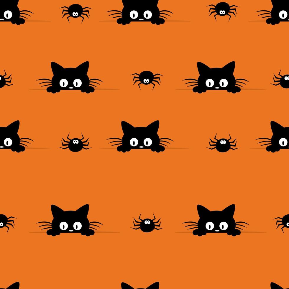 Happy Halloween seamless pattern on orange background with black kitten. Paper cut style. vector