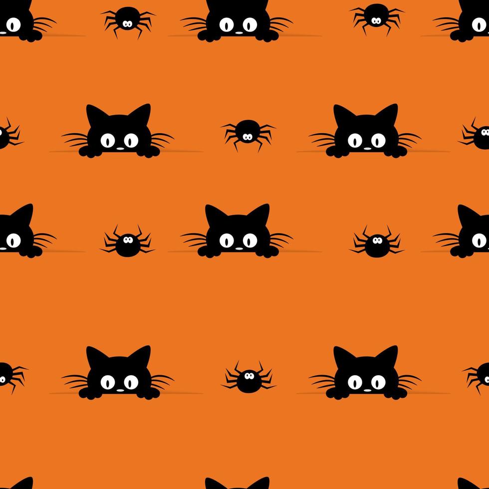 feliz halloween de patrones sin fisuras sobre fondo naranja con gatito negro. estilo de corte de papel. vector