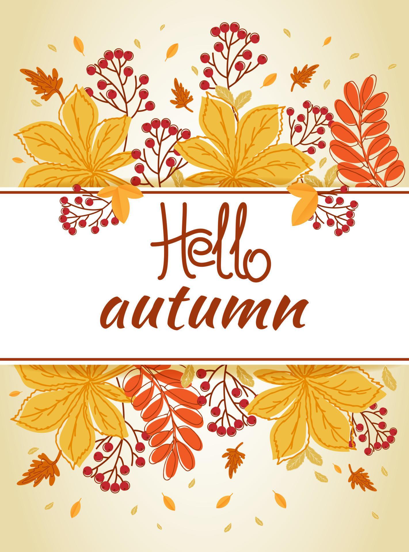 Hello autumn. Banner, poster, card.Autumn leaves, branch with berry ...