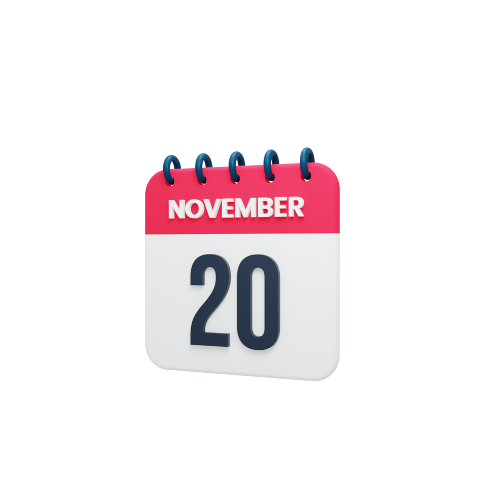 November Realistic Calendar Icon 3D Rendered Date November 20 png