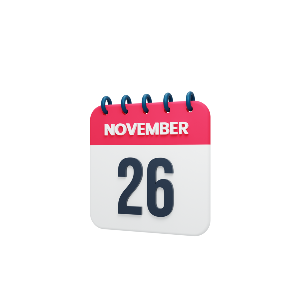 November Realistic Calendar Icon 3D Rendered Date November 26 png