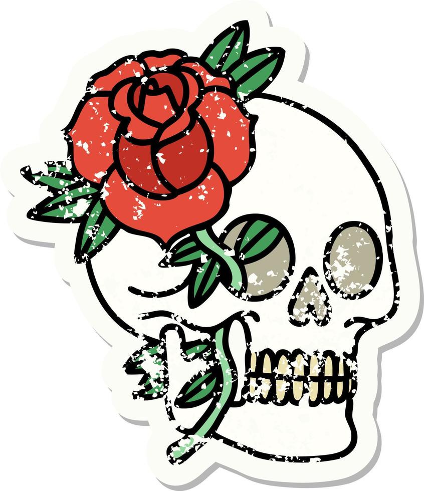 distressed sticker tattoo in traditional style of a skull and rose vector