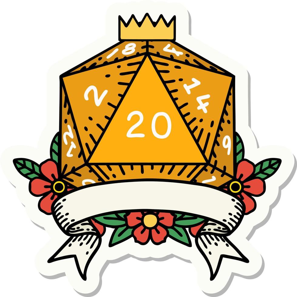 sticker of a natural 20 critical hit D20 dice roll vector