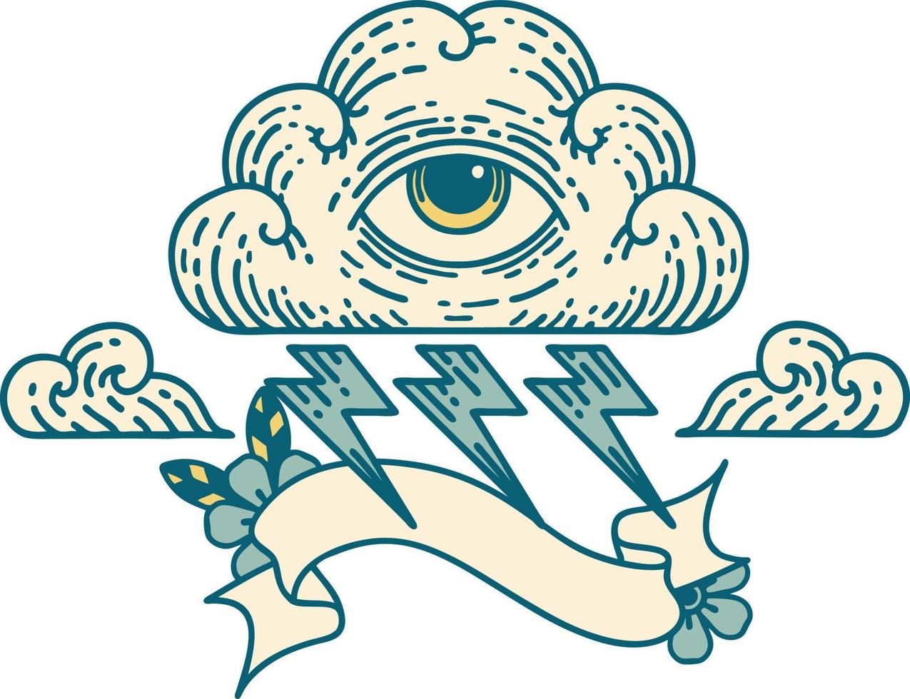 tatuaje tradicional con pancarta de una nube de ojos que todo lo ve vector