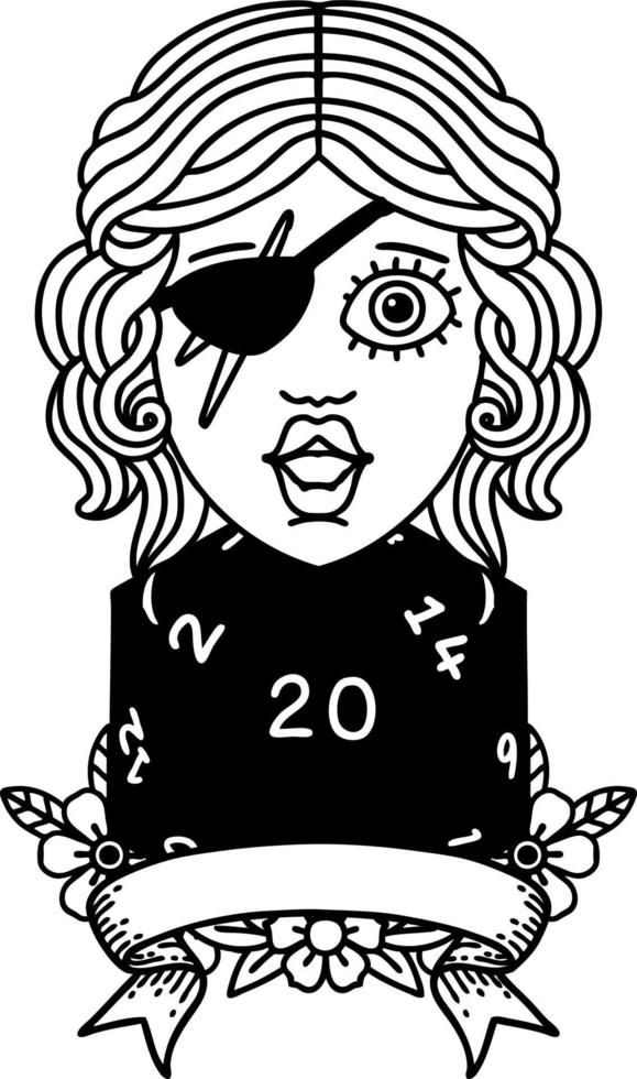 Black and White Tattoo linework Style human rogue with natural 20 dice roll vector