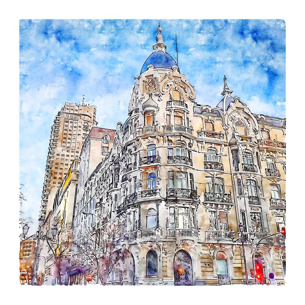 Madrid Spain Watercolor sketch hand drawn illustration vector