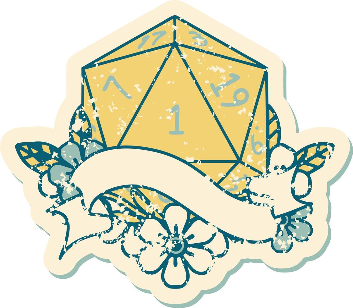 Retro Tattoo Style natural one d20 dice roll vector