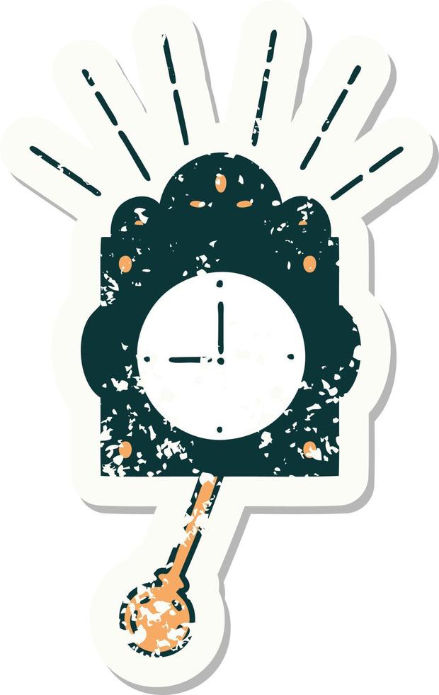 worn old sticker of a tattoo style ticking clock vector