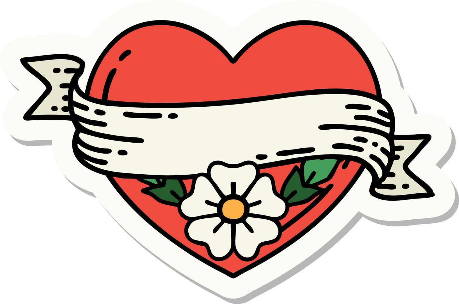 sticker of tattoo in traditional style of a heart and banner with flowers vector