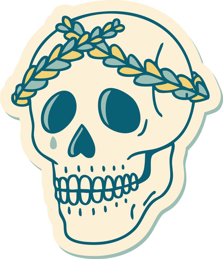 pegatina de tatuaje al estilo tradicional de una calavera con corona de laurel vector