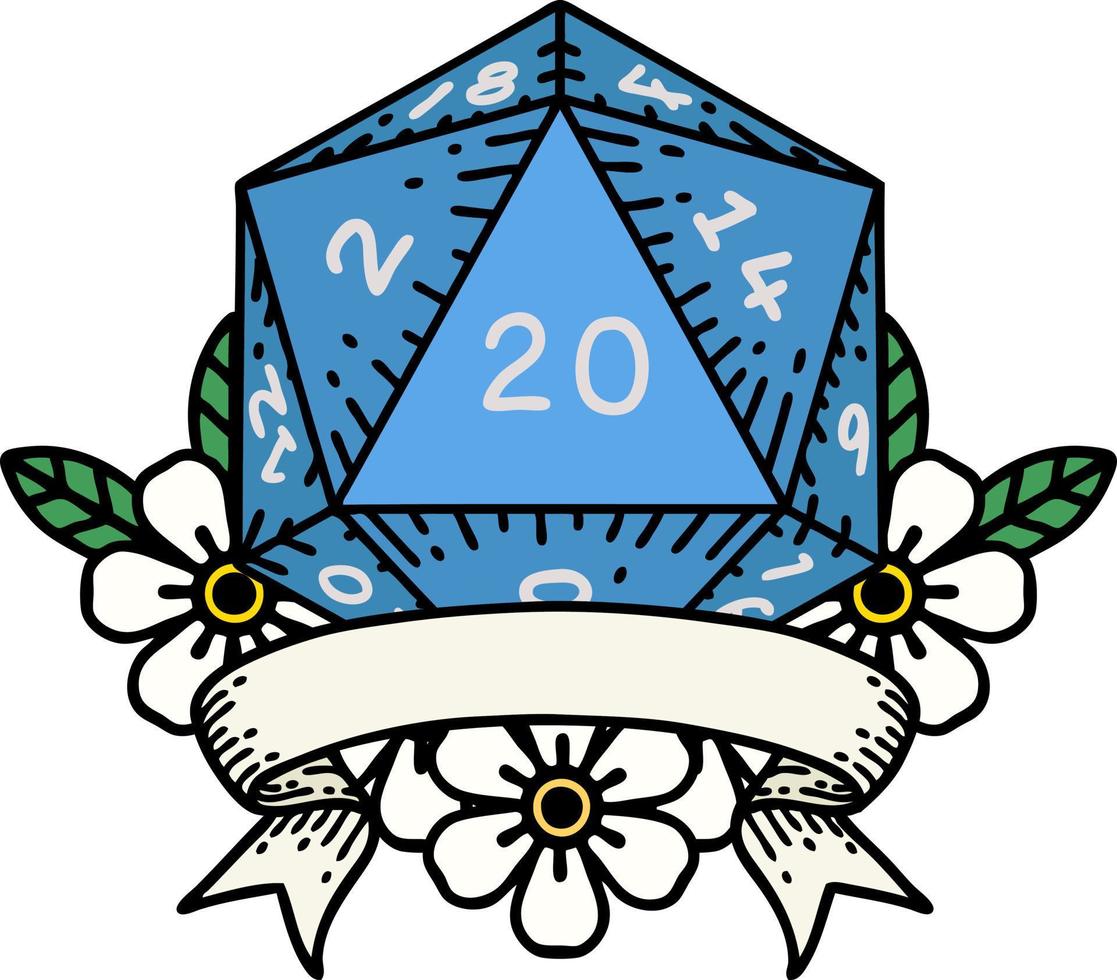 Retro Tattoo Style natural 20 critical hit D20 dice roll vector