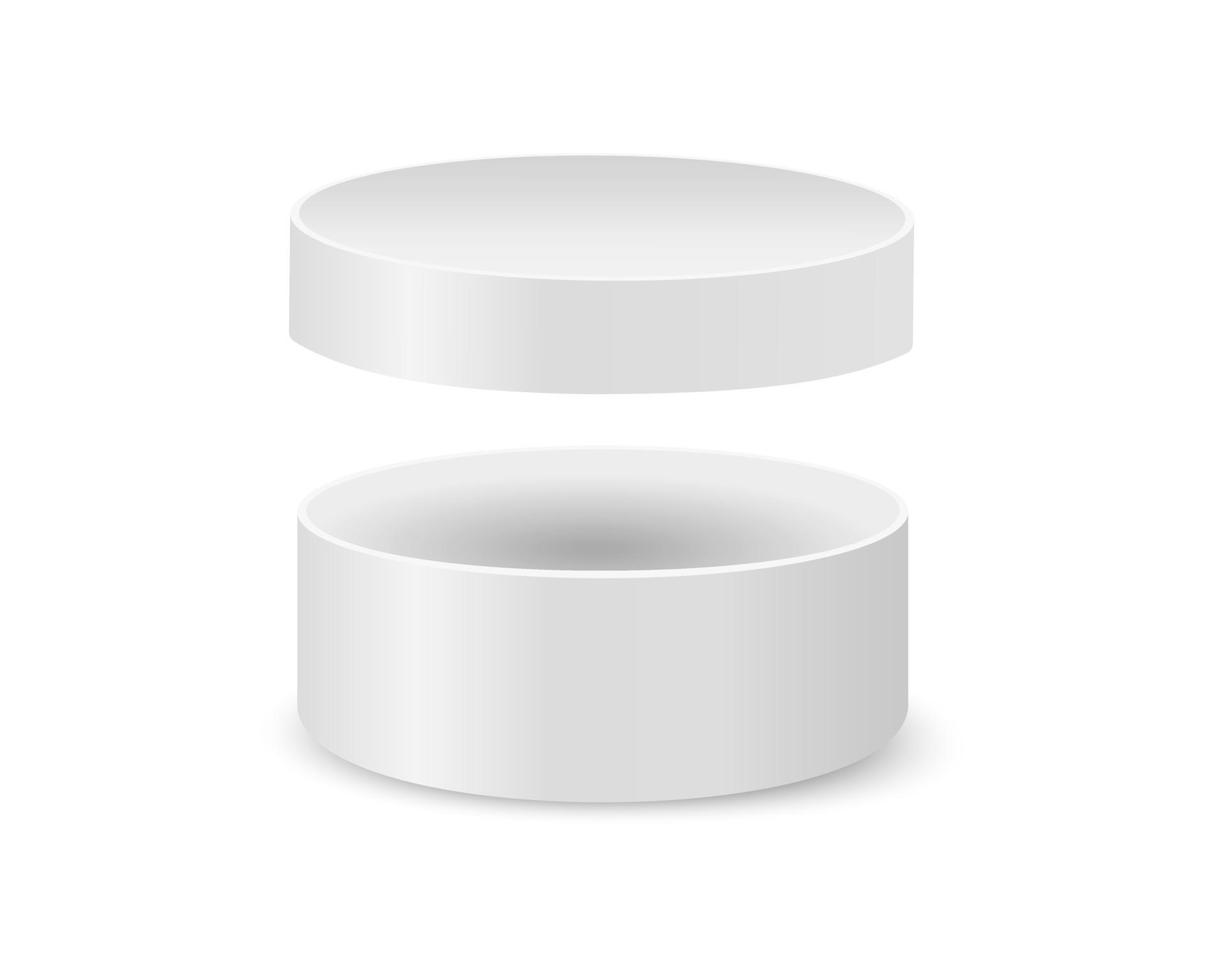 Round cardboard box with removed lid mockup. Open white cylinder package. Container for hat, gift, cosmetics, cookies vector