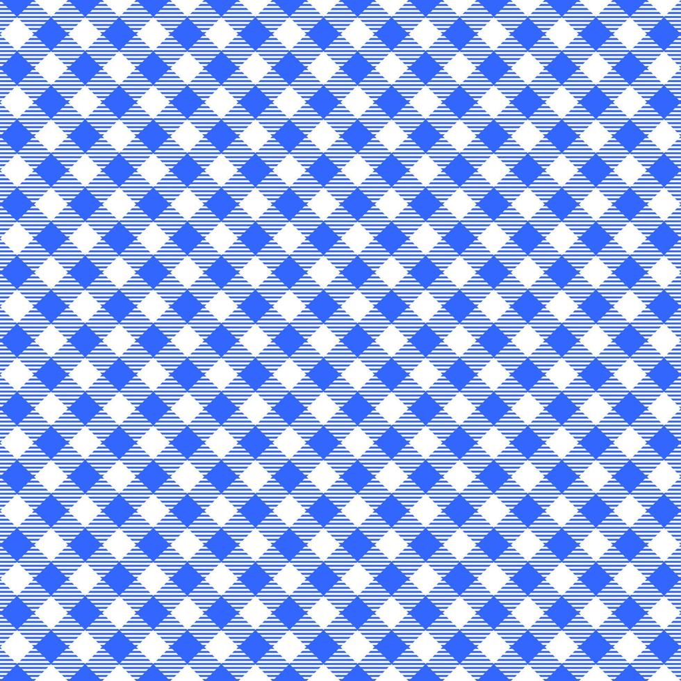 Diagonal blue and white gingham seamless pattern with striped squares. Checkered texture for picnic blanket, table cloth, plaid. Top view. Fabric geometric background vector