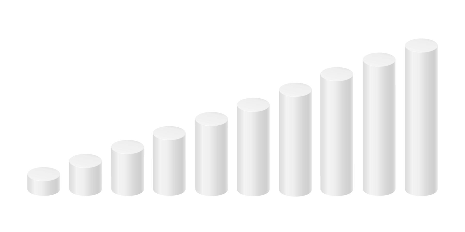 White cylinders with different height. Bar graph. Column chart elements for finance statistical infographic. Growth or decrease signs vector