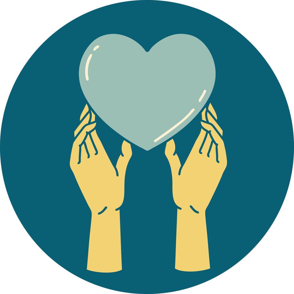 iconic tattoo style image of hands reaching for a heart vector