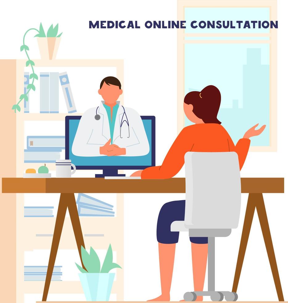 Online Doctor Consultation Concept. Woman Sitting At Desk At Home Talking To Doctor By Videoconference. Flat Vector Illustration.