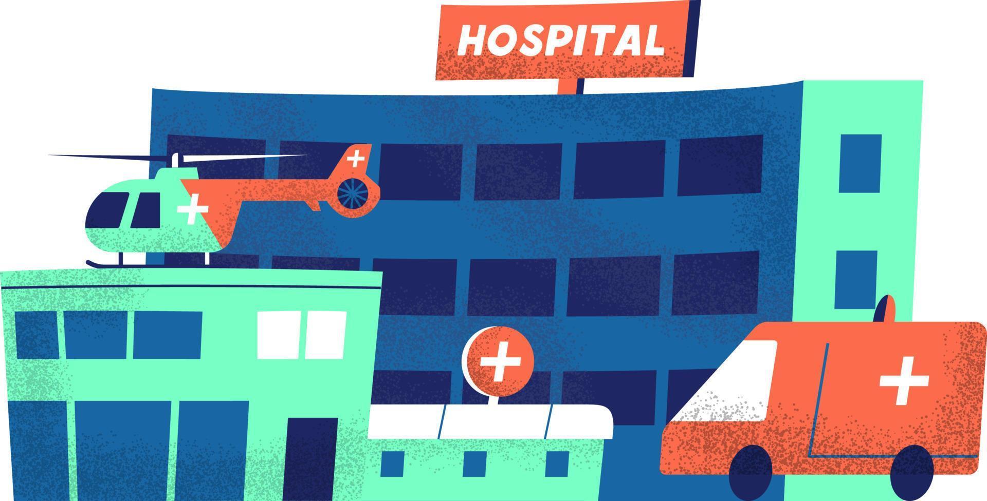 exterior del edificio del hospital con ambulancia y helicóptero médico en el techo. ilustración de vector plano con texturas. aislado en blanco